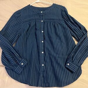 LOFT Striped Boho Navy Peasant Blouse Womens LG 100% Cotton L/Sleeves